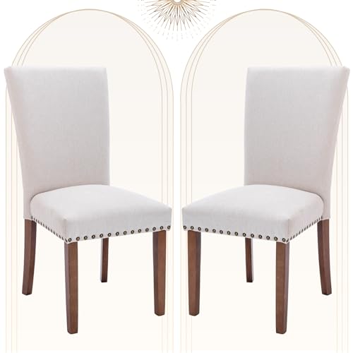 COLAMY Upholstered Dining Chairs Set of 2, Parsons Style Side Chairs with Nailhead Trim and Solid Wood Legs, Comfortable Linen Fabric for Kitchen & Dining Room – Beige - size: set of 2