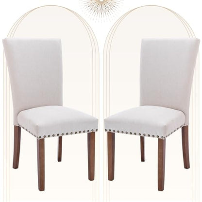 COLAMY Upholstered Dining Chairs Set of 2, Parsons Style Side Chairs with Nailhead Trim and Solid Wood Legs, Comfortable Linen Fabric for Kitchen & Dining Room – Beige - size: set of 2