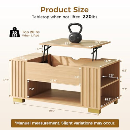 COMHOMA Lift Top Coffee Tables for Living Room, 39" Center Table with Hidden Storage Compartment, Adjustable Wooden Tea Table for Small Spaces, Natural Oak - color: Natural Oak