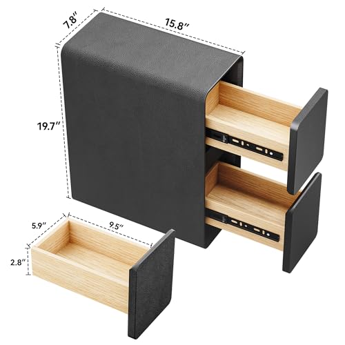 7.8" W Leather Narrow Nightstand Set of 2, Modern Fully-Assembled Bedside Table with 2 Drawers, White Night Stand Small Accent End Table & Side Table for Bedroom, Black - color: Black Set of 2, size: 8in