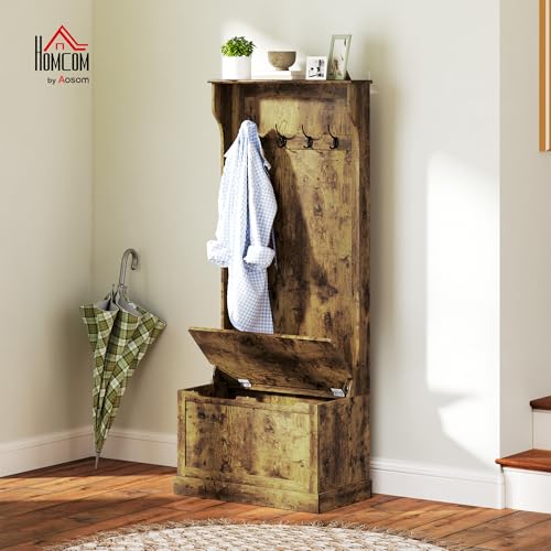 HOMCOM Hall Tree with Bench and Shoe Storage 3-in-1 Coat Rack Rustic Brown | Slim Bench with Coat Rack, 4 Hooks, Flip Top Storage Compartment - color: Rustic Brown, size: 28"