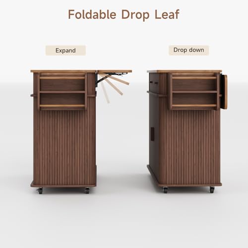 56" Kitchen Island on Wheels with Drop Leaf Countertop, Large Mobile Island Table with 2 Drawers and Spice Rack and Tower Rack, Mid-Century Modern Island Cart with Storage for Kitchen, Walnut - color: Walnut