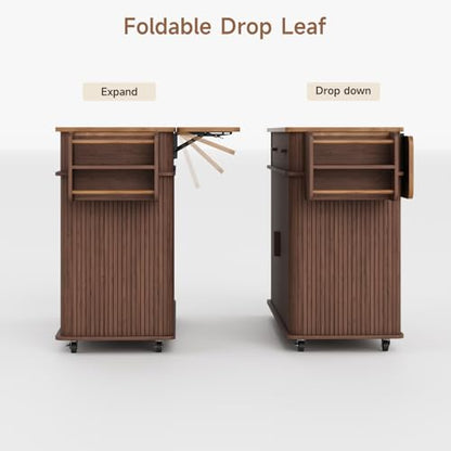 56" Kitchen Island on Wheels with Drop Leaf Countertop, Walnut | Large Mobile Island Table with 2 Drawers and Spice Rack and Tower Rack, Mid-Century Modern Island Cart w/ Storage for Kitchen - color: Walnut