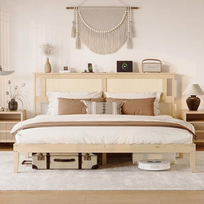 VINGLI Rattan King Bed Frame with Rattan Headboard,Boho Platform Bed with Charging Station and Underbed Storage for Bedroom,Solid Wooden Slats Surpport, Noise Free,Natural - size: King