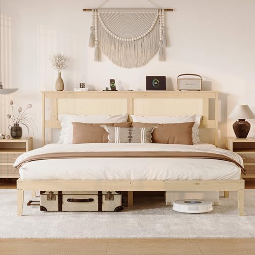 VINGLI Rattan King Bed Frame with Rattan Headboard,Boho Platform Bed with Charging Station and Underbed Storage for Bedroom,Solid Wooden Slats Surpport, Noise Free,Natural - size: King