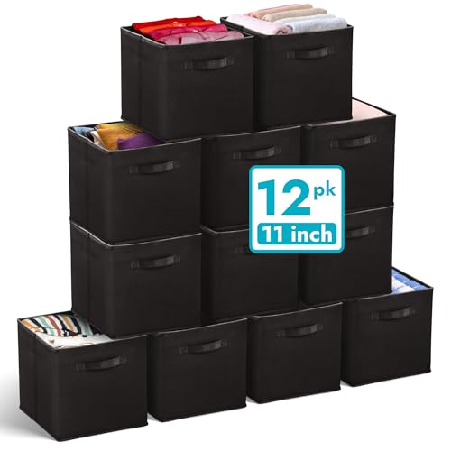 Reli. 11 Inch Cube Storage Bins (12 Pack) | Cube Organizer Bins | 11x11 Fabric Storage Boxes | Collapsible, Foldable Fabric Cubby Box (Square) | Bedroom, Office, Home Organization