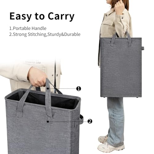 ZJL Narrow Laundry Hamper, Skinny Laundry Basket, 45L Dark Grey, 24" | Slim Laundry hamper for Small Spaces laundry bag with handle, Foldable clothes hampers for laundry basket organizer - color: Dark Gray- With Handles