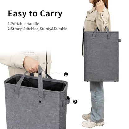ZJL Narrow Laundry Hamper, Skinny Laundry Basket, 45L Dark Grey, 24" | Slim Laundry hamper for Small Spaces laundry bag with handle, Foldable clothes hampers for laundry basket organizer - color: Dark Gray- With Handles