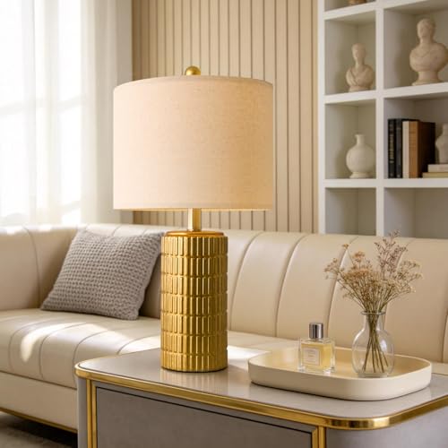 PoKat 20.75" Brass Gold Ceramic Table Lamps Set of 2 for Living Room, Small Retro Bedside Lamps for Bedroom, Nightstand Lamps for Home Decor, Vintage Bronze Decorative Lamp Sideboard Side Table Gifts - color: Brass Gold