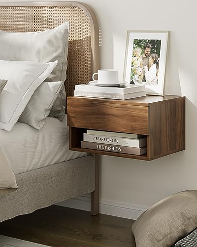 Modern Walnut Floating Nightstand with Drawer, Small Wall Mount Shelves | Small Space Saver, Modern Minimalist Design, Wall Mounted Shelves, for Bedroom, Bathroom, Living room, Easy Assembly, Walnut - color: Brown Walnut