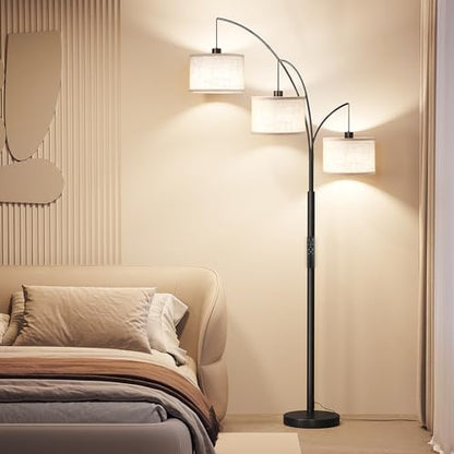 SUNMORY 3 Lights Floor Lamp with Remote Control and 3 Stepless Dimmable Bulbs, 78" Tall Standing Lamp with Hanging Drum Shade & Heavy Base, Modern Arc Floor Lamps for Living Room, Bedroom, Office | 3 Stepless Dimmable Bulbs, Hanging Drum Linen Shade & Hea