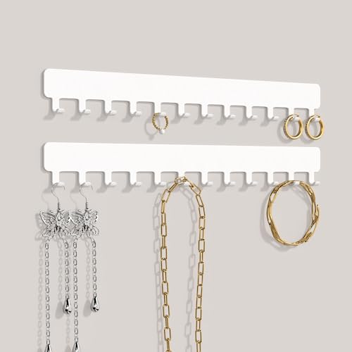 Self-Adhesive Necklace Holder, Wall Mounted Jewelry Organizer for Necklaces, Earrings, Rings & Bracelets, No Drilling, Space-Saving, 2 Pack, White - color: White, size: 9.84 inch