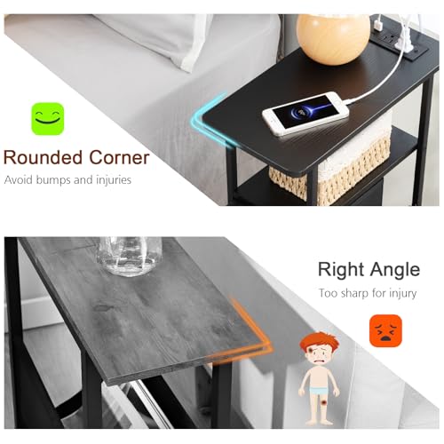 Narrow End Table with Charging Station, Small Nightstand | Skinny Side Tables Living Room with 2 Fabric Drawers, Slim Bedside Table for Bedroom, Small Spaces, Couch, Black - color: Black, size: 23.22''H (2 Drawers), style: Power