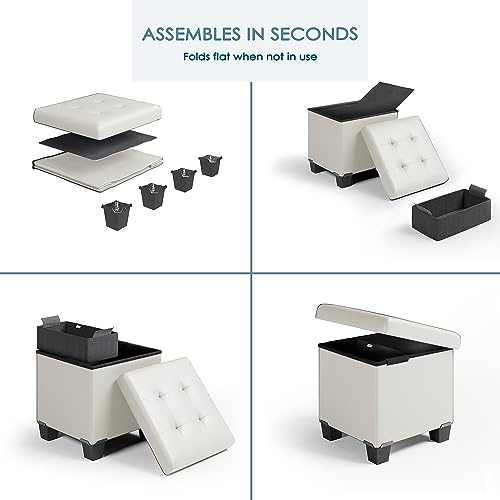 Storage Ottoman Cube with Storage Bin, 15-In Square Ottoman with Storage for Living Room and Bedroom, Small Ottoman Foot Rest, Foot Stools Ottoman, White Storage Chest Max 660lbs, Faux Leather Ottoman