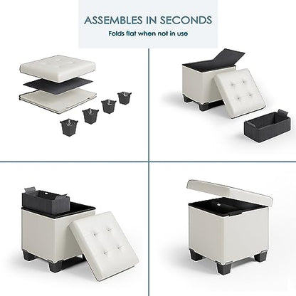 Storage Ottoman Cube with Storage Bin, 15-In Square Ottoman with Storage for Living Room and Bedroom, Small Ottoman Foot Rest, Foot Stools Ottoman, White Storage Chest Max 660lbs, Faux Leather Ottoman