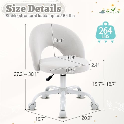 VINGLI Small Vanity Chair with Wheels for Girls.Cute Modern Adjustable Height Armless Office Desk Chair.360°Swivel Comfy Rolling Chair for Study, Make up Room,Small Space,Linen Light Gray - color: Linen Light Gray