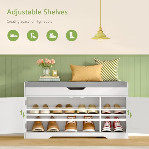 2-Tier Storage Bench, Shoe Bench with Adjustable Shelf & Lift Top Storage, Entryway Bench with Cushioned Seat,13.8"D x 36.2"W x 19.7"H, Shoe Organizer for Entryway, Living Room, Bedroom, White - size: 13.7"D x 36.2"W x 19.6"H