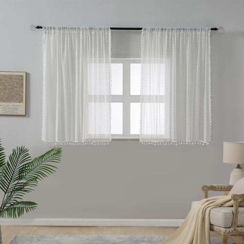 WAZZIO Boho Lace Curtains 45 Inches 2 Panel,Light Filtering Privacy Tassel & Geometry Crochet Semi Sheer Curtain Drapes for Bedroom Living Dining Room,Rod Pocket & Tassel,Victorian Decor,Off White - color: Off White, size: 59"W x 45"L (Pack of 2)