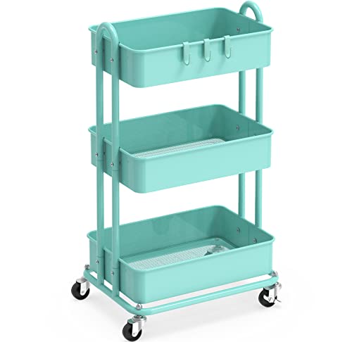 Simple Houseware 3-Tier Heavy Duty Metal Utility Rolling Cart, Turquoise - color: Turquoise