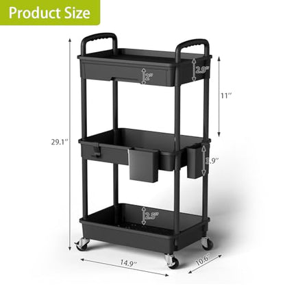 Sorgion 3 Tier Rolling Cart Organizer,Laundry Room Bathroom Organizers and Storage Office Shelves Mobile Shelving Unit Kitchen Trolley Cart with Wheels for Art,Craft,Diaper,Bedside,Snack(Black) - size: 3Tier-Black