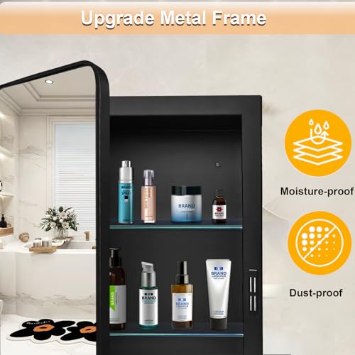 22x30 Medicine Cabinet with Mirror, Bathroom Storage Cabinet Mirror | Wall-Mounted or Recessed, Black Metal Frame, Adjustable Glass Shelves, Bathroom Vanity Mirror with Storage - size: 22x30