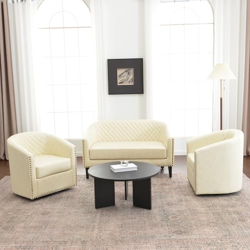 KINWELL 50" Faux Leather Loveseat with 2 Swivel Barrel Accent Chairs, Cream | PU Upholstered Tufted Minimalist 2-Seater Couch Sofa and Set of 2 Vegan Leather Swivel Armchairs for Small Spaces Apartment - color: Cream, style: 2 Chairs + Loveseat