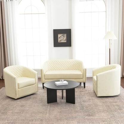 KINWELL 50" Faux Leather Loveseat with 2 Swivel Barrel Accent Chairs, Cream | PU Upholstered Tufted Minimalist 2-Seater Couch Sofa and Set of 2 Vegan Leather Swivel Armchairs for Small Spaces Apartment - color: Cream, style: 2 Chairs + Loveseat