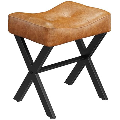 18-Inch Leather Vanity Stool Chair, Brown Saddle Vanity Stool | Vanity Bench, Metal X-Leg, Ottoman Accent Stool, Thick Padded Saddle Seat, 300 LBS, 16.3"x12.4"x18", For Bedroom, Closet - size: Small, style: Brown Leather