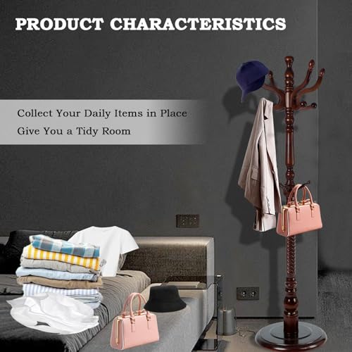 Coat Racks FreeStanding with 11 Hooks, Natural Wood Coat Rack with Solid Round Base, Adjustable Height Coat Racks, Easy Assembly for Hallway, Bedroom and Office (Walnut-Solid Round Base) - color: Walnut-Solid Round Base