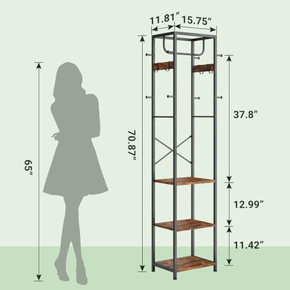 Coat Rack Freestanding, Hall Tree with 3 Shelves and 12 Hooks, Rustic Brown | Industrial Metal Frame, Space-Saving Design, Clothes Rack Stand Organizer for Bedroom, Hallway, Entryway, Office, Living Room - color: Rustic Brown