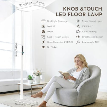 100W Led Floor Lamp Motion Sensor, 9000LM Eye Care Reading Light | 77" Tall Floor Lamp, 4000K Daylight, Full Spectrum, RG0, CRI≥97, Dimmable Bright Standing Lamp for Home Office, Living Room