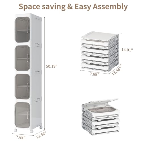 4 Tier Slim Bathroom Storage Cabinet, Foldable and Movable, White | Tools Free, ABS and PET, Magnetic Clear Door, Adjustable Shelves, Lockable Wheels, Water Resistant, For Narrow Space - color: White, size: 4 Tiers