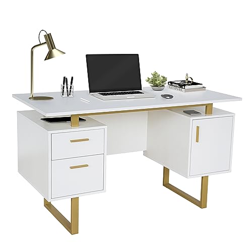 Techni Mobili 51"W Computer Desk w/ 2 Drawers & Storage Cabinet, White/Gold | Home office workstation, durable construction, everyday productivity, Ideal for home office, Workspace organization - color: White/Gold