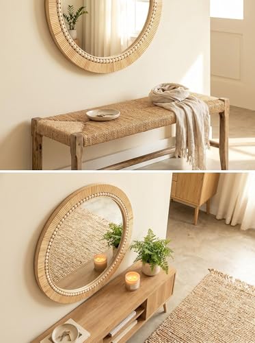 OYPEIP 24 Inch Round Natural Rattan Wall Mirror, Boho Decorative Mirror with White Beads, Rustic Farmhouse Circle Mirror for Living Room, Entryway, Bathroom, Bedroom