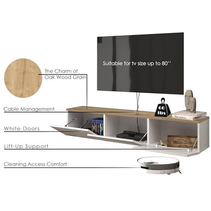 Atelier Mobili Floating TV Stand - Wall Mounted, Supports up to 80 inch TV, Modern White Entertainment Center for Living Room, White Floating TV Stand with Oak Counter Design - color: White & Sapphire Oak