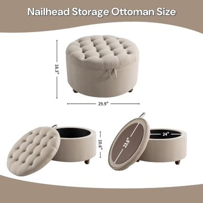 30" Round Storage Ottoman Coffee Table, Tufted Lid & Wood Top, Khaki | Nailhead Trim Solid Wood Legs Extra Large Footrest Linen-Like Fabric - color: Khaki