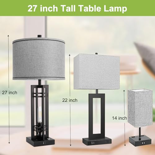 Set of 2 Farmhouse Table Lamps for Living Room,27-inch Bedside Lamps | Grey Shade Desk Lamps with USB A+C Ports, 3-Level Dimmable Touch Light, 4 LED Bulbs Included, Bedroom Home Office Nightstand - color: Gray