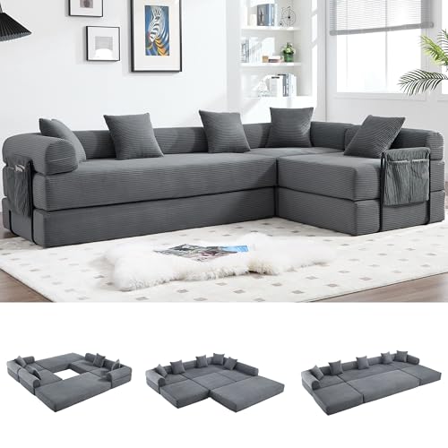 L-Shape Modular Sectional Sofa Bed, Corduroy Boneless Couch, Grey | Boneless Couches for Living Room, Sleeper Futon Sofa Bed, Modular Couch with Storage, Pull Out Couch, No Assembly Required - color: Grey