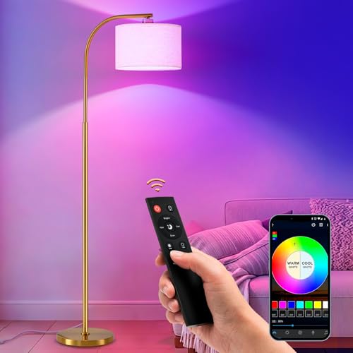 Floor Lamp for Living Room with Remote,Dimmable Tall Standing Lamps,Modern Gold Floor Light with Smart RGB Bulb,App Control,3 Color Temperatures,Fabric Shades,Floor Lamp for Bedroom Office Corner - color: Gold-Linen-15colors