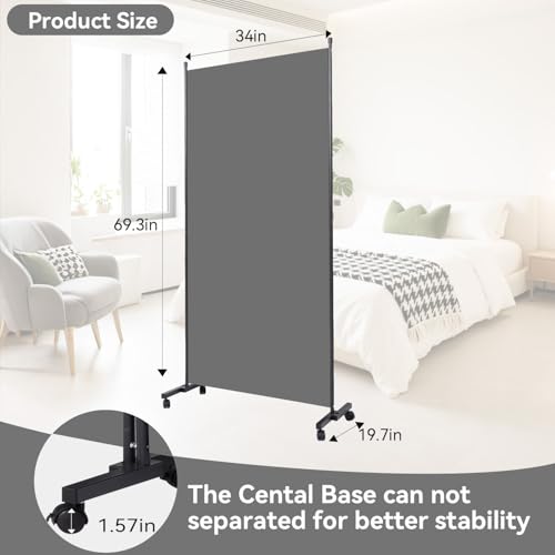Folding Room Divider W/Wheels,Heavy Duty Base Privacy Screen Separator | 360° Smooth Lockable Rolling Wheels,Foldable Freestanding Wall Divider,Easy Movable Partition for Room Partition - color: Grey, size: B-34''-1 Panel