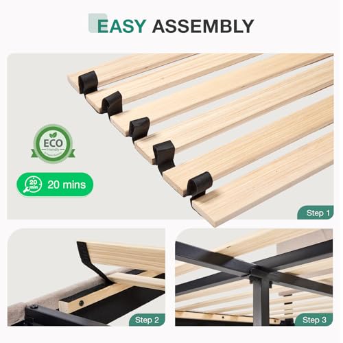 Novilla Queen Bed Frame with Headboard, Linen Upholstered Bed Frame Queen Size with Wood Slats Support, No Box Spring Needed, Heavy Duty Feet, Easy Assembly, Light Beige - color: Light Beige, size: Queen