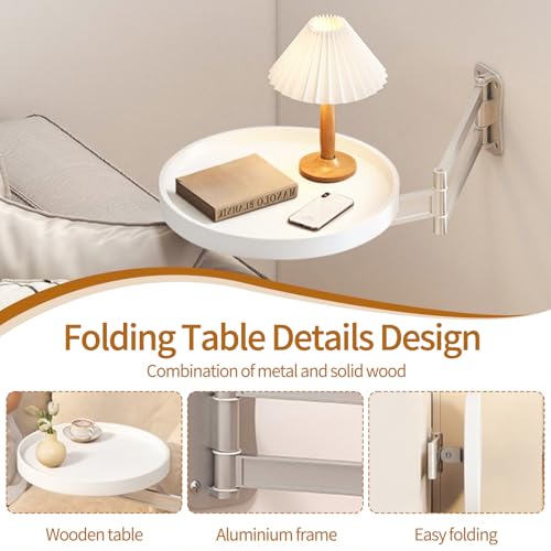 Wall Mounted Folding Round Table,11Inch Small Foldable Retractable Wooden Coffee Table Tray Fold Down Wall Desk Flip-Out Design Nightstand for Bedroom Living Room Balcony (White) - color: White
