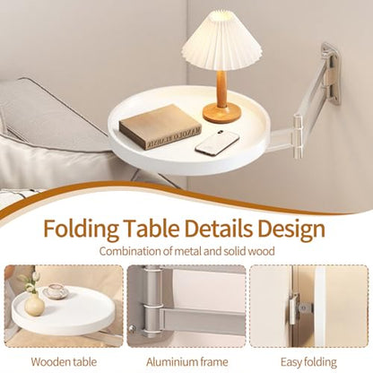 Wall Mounted Folding Round Table,11Inch Small Foldable Retractable Wooden Coffee Table Tray Fold Down Wall Desk Flip-Out Design Nightstand for Bedroom Living Room Balcony (White) - color: White