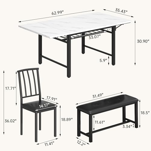AWQM 4-Piece Faux Marble Drop Leaf Dining Table with Storage Rack, Space Saving Breakfast Nook Table Set with 2 Backrest Chairs and 1 Upholstered Bench, Kitchen Dining Table and Chairs Set for 2-4