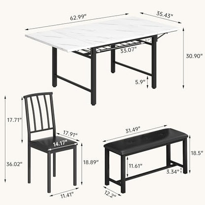 AWQM 4-Piece Faux Marble Drop Leaf Dining Table with Storage Rack, Space Saving Breakfast Nook Table Set with 2 Backrest Chairs and 1 Upholstered Bench, Kitchen Dining Table and Chairs Set for 2-4