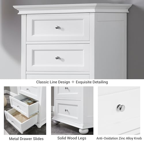 Tall White Dresser for Bedroom with 7 Drawers, 52" Tall Skinny Dresser | Modern White Tall Chest of Drawers Dresser，Wooden Lingerie Dresser Tall Narrow，Crown Molding and Solid Wood Ball Legs - color: White