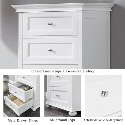 Tall White Dresser for Bedroom with 7 Drawers, 52" Tall Skinny Dresser | Modern White Tall Chest of Drawers Dresser，Wooden Lingerie Dresser Tall Narrow，Crown Molding and Solid Wood Ball Legs - color: White