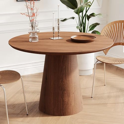 43" Round Dining Table Modern for 4, Natural Wood Grain Circle Kitchen Table with Cone Wood Pedestal Base, Mid Century Circular Dining Table for Living Room, Walnut - color: 43 Inch Walnut