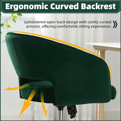 Desk Chair with Wheels, Gold Base, Velvet Accent Vanity Armchair, Green | Spacious‌ Soft Seat, Swivel Height Adjustable, Rocking Function, Modern Stripe for Girls &Women Bedroom Makeup or Nail - color: Dark Green Velvet