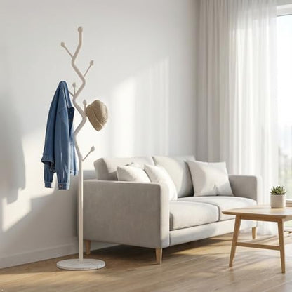 OffWhite Tree Meta Coat Rack with Marble Base Freestanding Hall Tree | Multi-Hook Entryway Organizer for Hallway, Bedroom, Living Room (Off-White) - color: Off-White